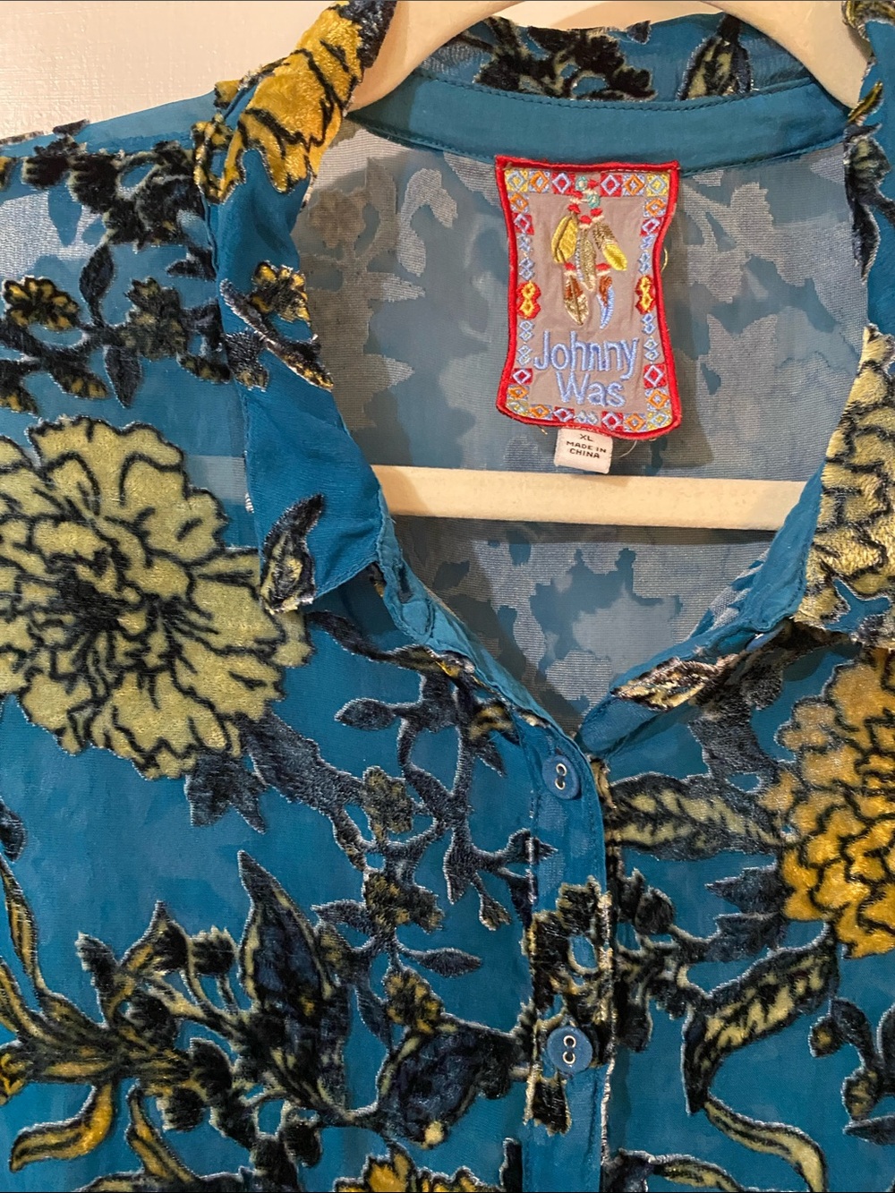 Johnny Was Teal Blue Floral Sheer Button-Up Blouse - Picture 3 of 9